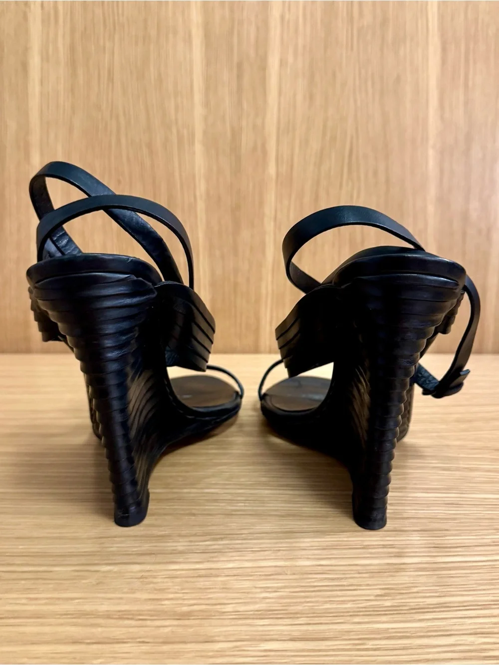 Bottega Veneta Black Leather Wrap-Around Wedge Sandals